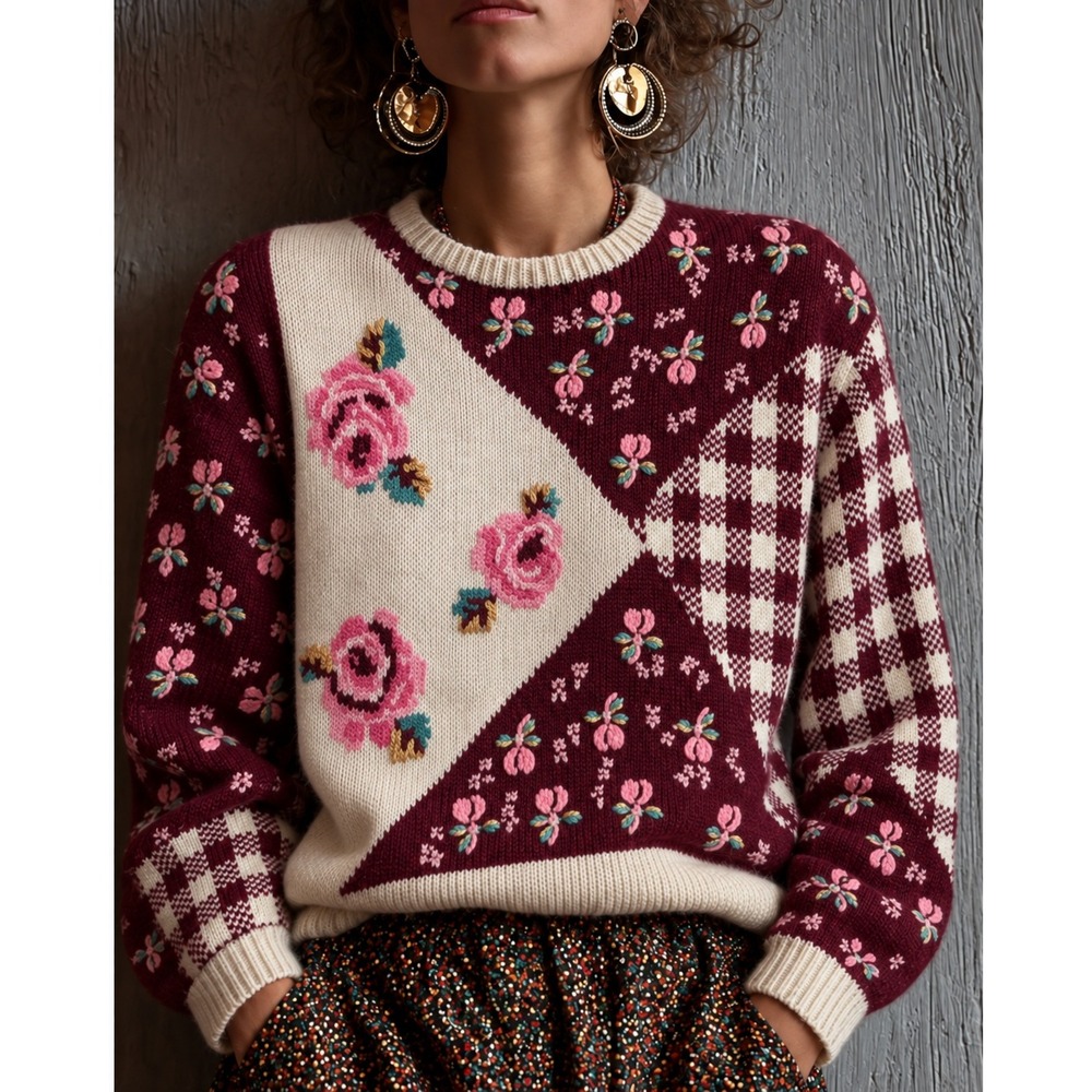 Carole Little Hand Knit Floral Patchwork Embroidered Sweater Small Retro Boho